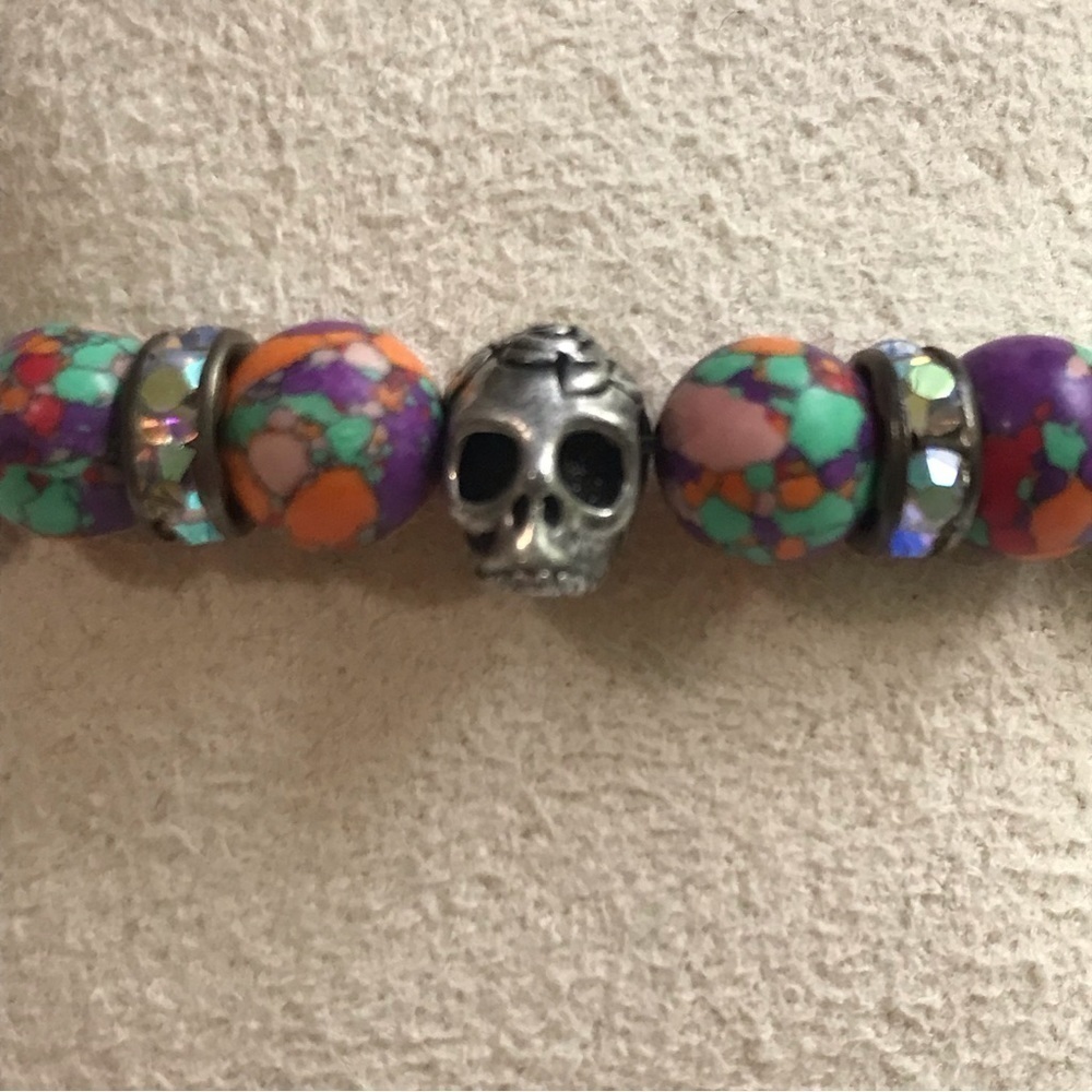 Multicolor Beaded Skull Stretch Bracelet Gothic Boho One Size - Picture 3 of 16